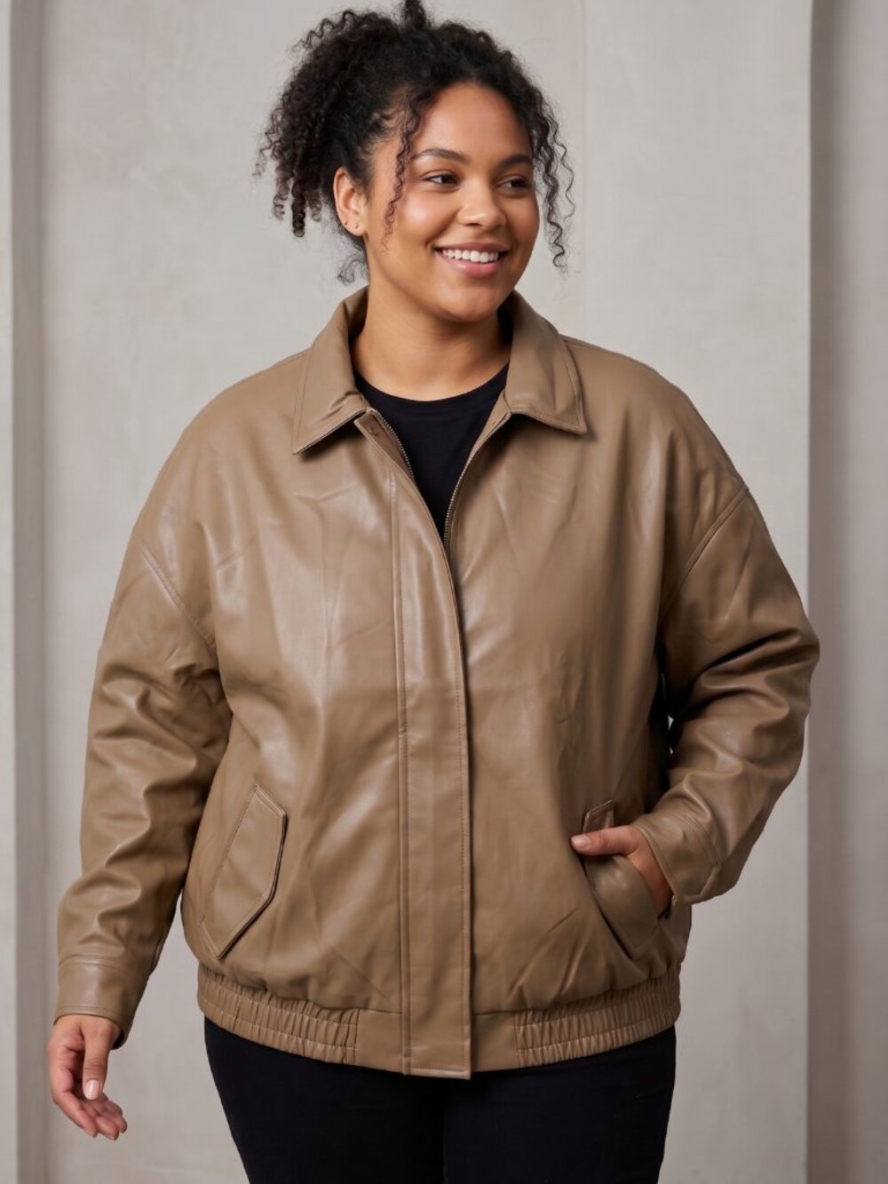 NWT PrettyGarden Brown Faux Leather Bomber Jacket Lapel Full Zip XXL